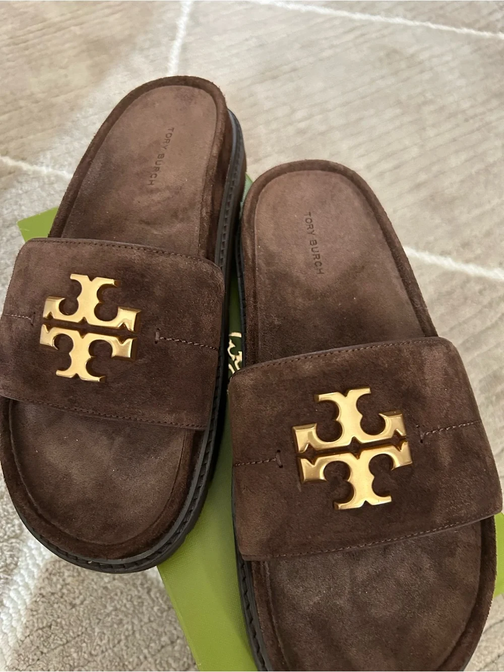 Tory Burch Brown Suede Slide Sandals with Gold Logo Accent
